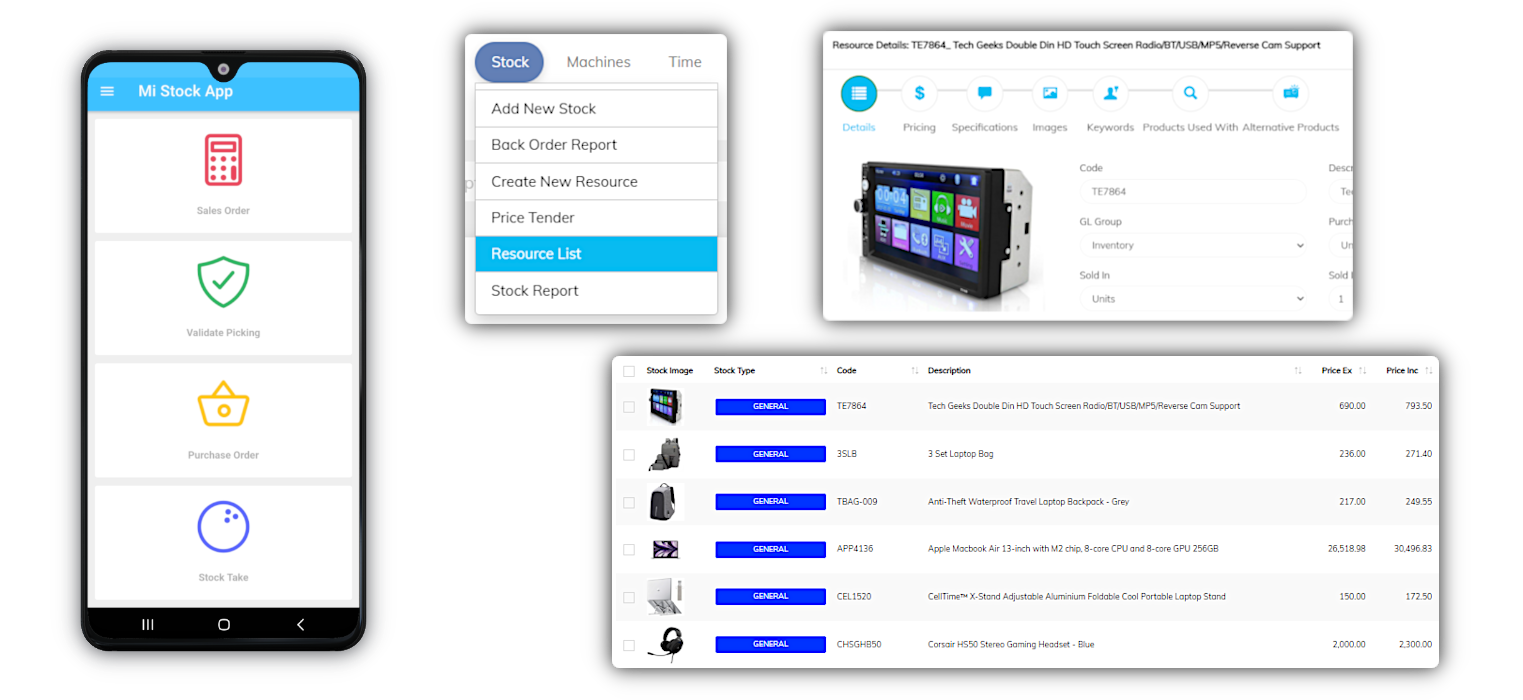 Fusion Software stock management screens showing the Mi Stock App menu, stock resource categories, detailed product information, and a resource list with item images, codes, descriptions, and pricing.