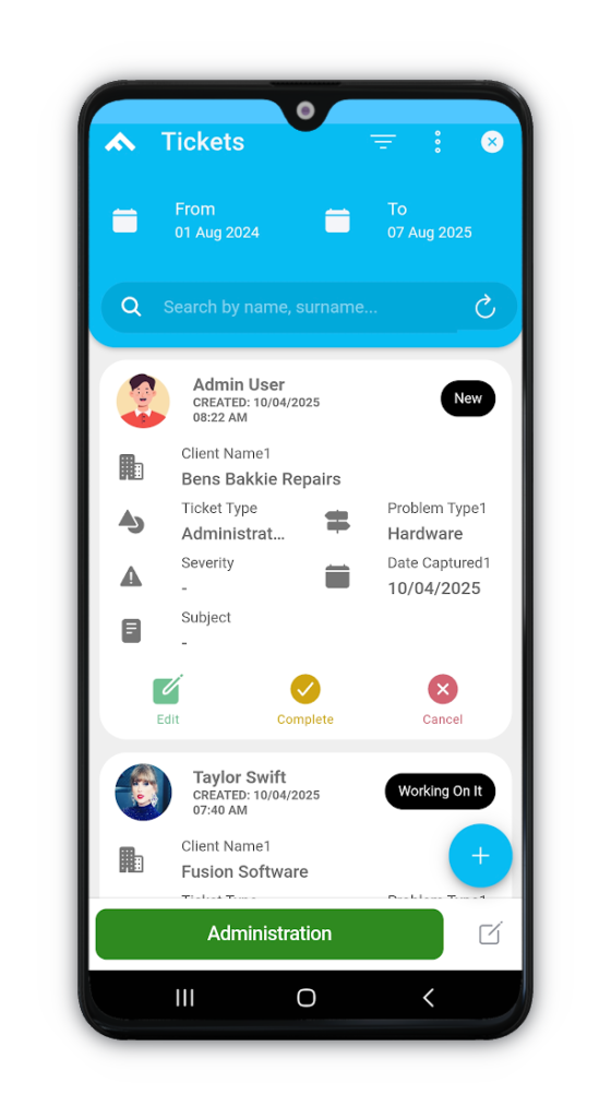 Fusion Software mobile ticket management screen showing date filters, search bar, and detailed ticket cards with client info, ticket types, problem types, statuses, and action buttons for editing, completing, or cancelling tickets.