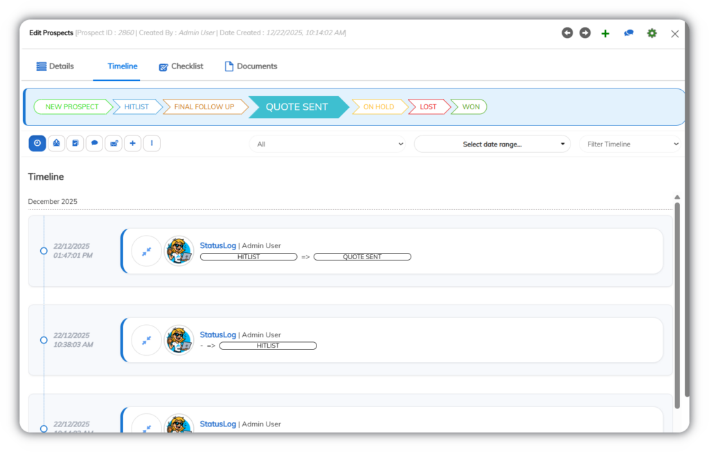 Fusion Software Edit Prospects timeline view showing a chronological activity log, with status changes from Hitlist to Quote Sent, including timestamps and user actions within the sales pipeline.