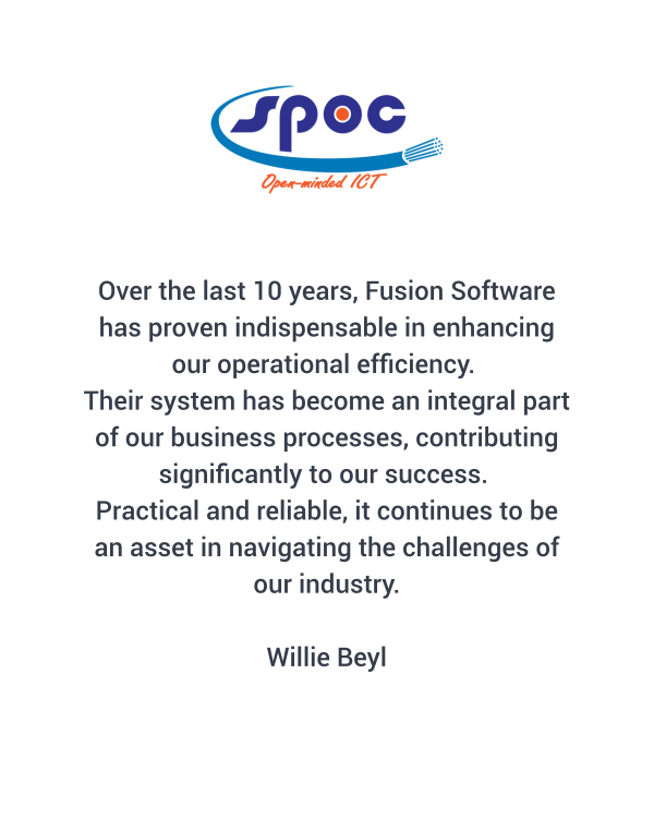 SPOC testimonial “Client testimonial from SPOC describing Fusion Software as an essential system for improving operational efficiency over ten years.”