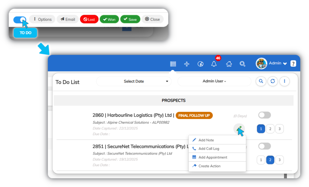 Fusion Software to-do list showing prospect follow-up tasks, due dates, and status, with quick actions to add notes, log calls, schedule appointments, or create actions.