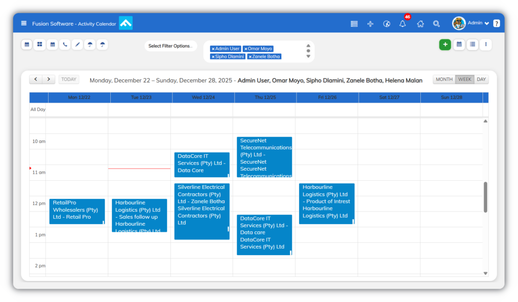 Fusion Software activity calendar showing scheduled client meetings and sales follow-ups with selectable month, week, and day views for flexible date range navigation.