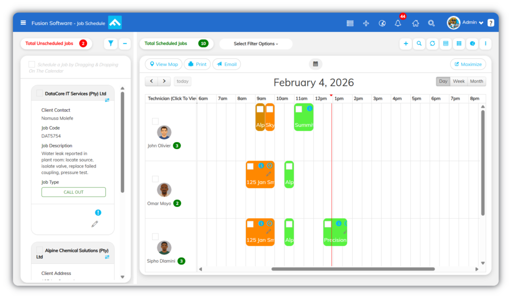 Job-Schedule Fusion Software job scheduling calendar showing technicians by row and time slots by hour, with scheduled jobs displayed for each technician, unscheduled jobs listed for drag-and-drop assignment, and filters for date and job type.