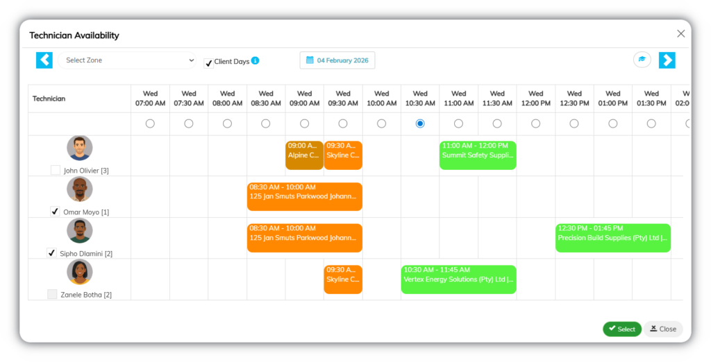 Job-TechnicianAvailability Fusion Software technician availability scheduler showing a daily time grid with technicians listed by name, booked appointments highlighted by time and client, and selectable time slots for assigning jobs.
