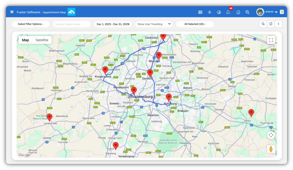 Fusion Software appointment map displaying client visit locations with route mapping, filter options, date range selection, and user travel tracking controls.