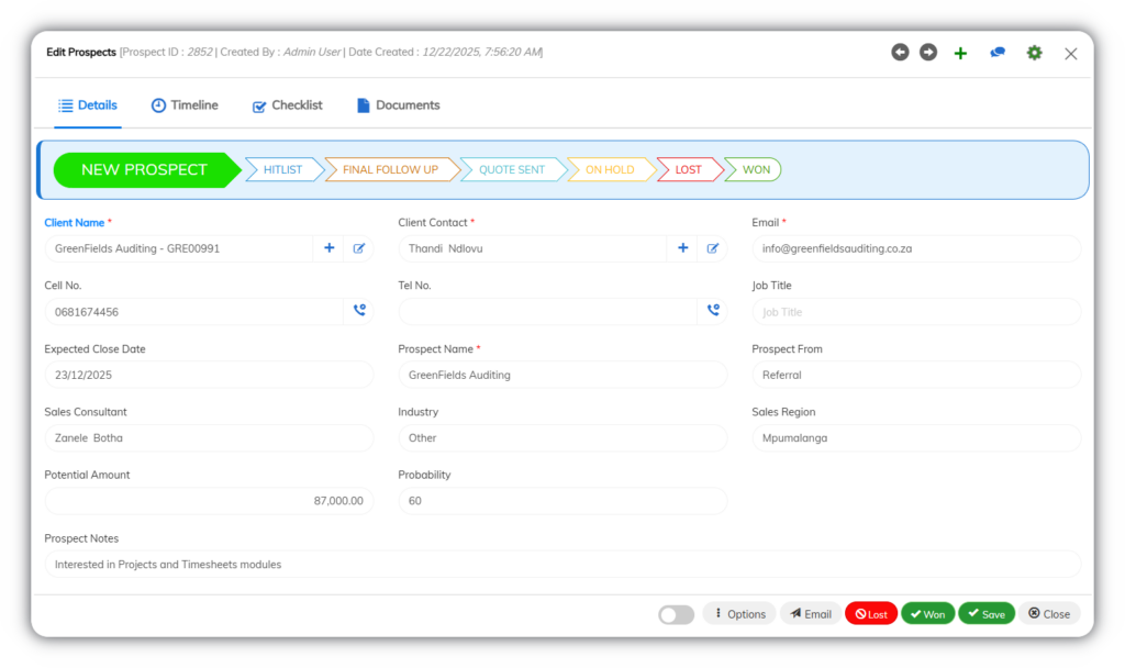 Fusion Software prospect edit page displaying opportunity stage progression, client and contact details, expected close date, potential amount, probability, sales region, and notes with actions to mark as won or lost.