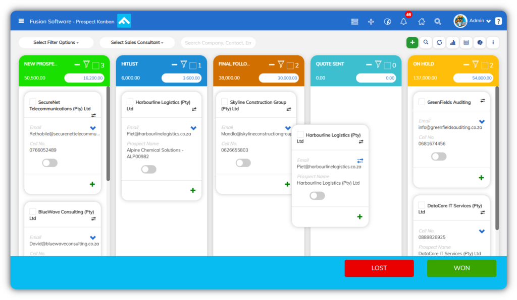 Fusion Software prospect Kanban board with draggable opportunity cards across stages including New Prospect, Hitlist, Final Follow-Up, Quote Sent, and On Hold, with deal values and won or lost actions.