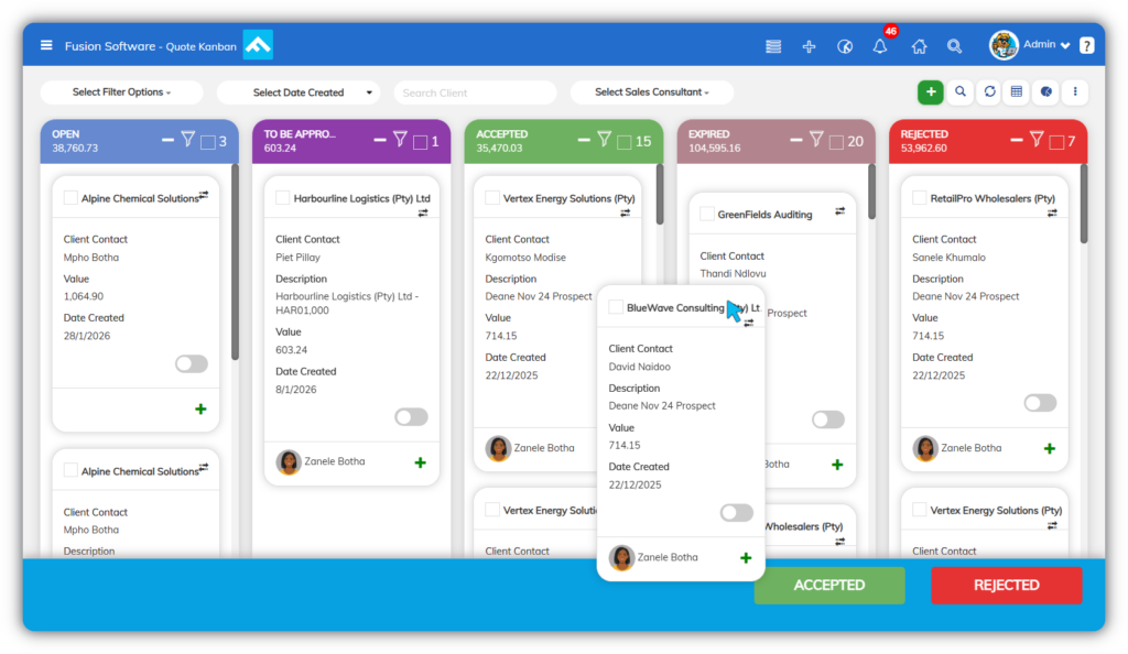 Fusion Software quote Kanban board displaying quotes by status including Open, To Be Approved, Accepted, Expired, and Rejected, with client details, values, sales consultant, and drag-and-drop status management.