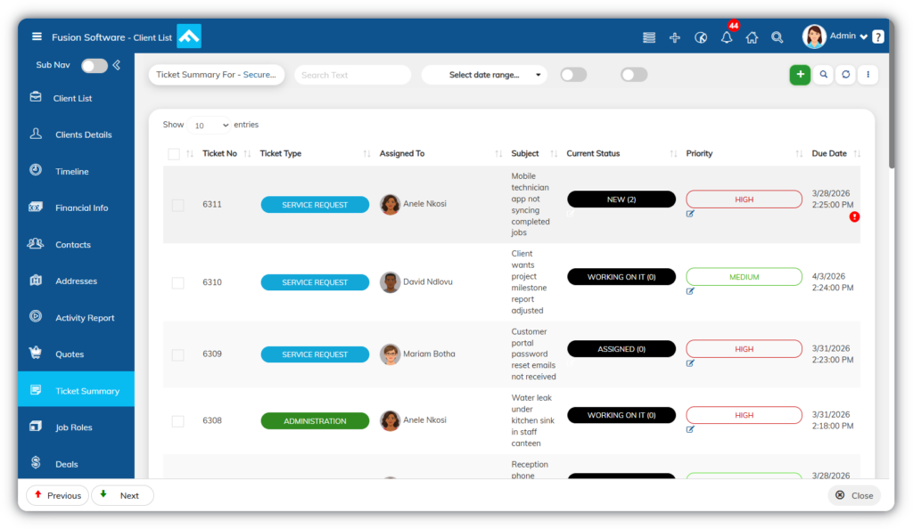 Client ticket summary dashboard showing service requests, assigned technicians, ticket status, priority levels, and due dates in help desk software.