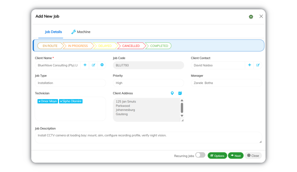 Job-Add Add new job form showing job details, status workflow, assigned technicians, and client information.