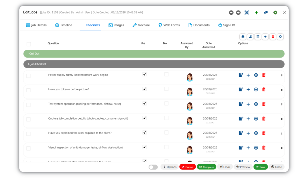Job-Checklist Job checklist screen showing safety checks, task confirmations, and completed inspection items with timestamps and user tracking.
