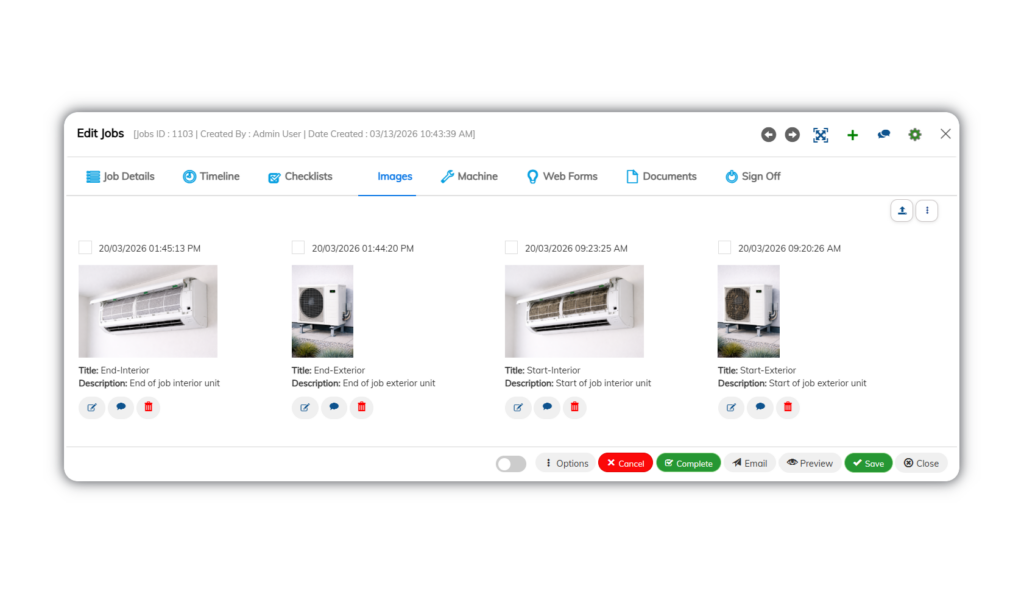 Job-Images Job images section showing before and after photos for work verification and record keeping.