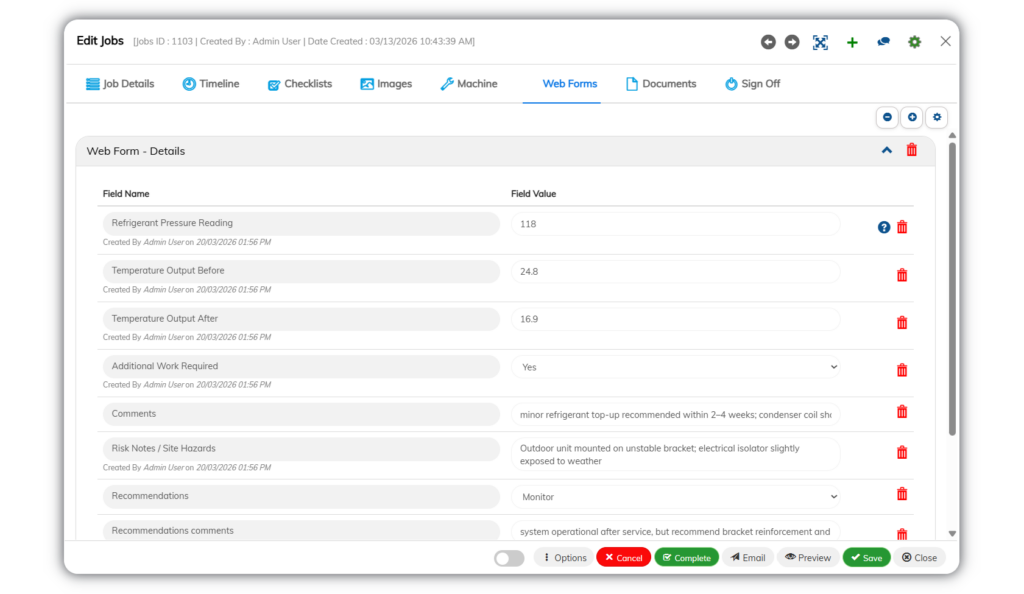 Job-Webforms Job web form for capturing and recording service information.