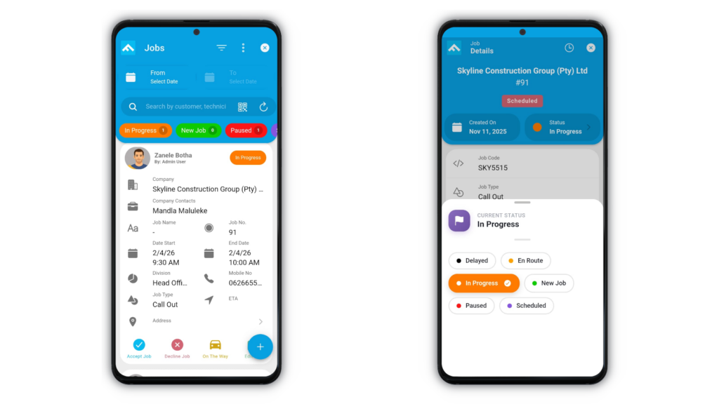 JobApp-Details&Status Mobile job management screens showing job list and job details with status updates including in progress, paused, scheduled, and en route.