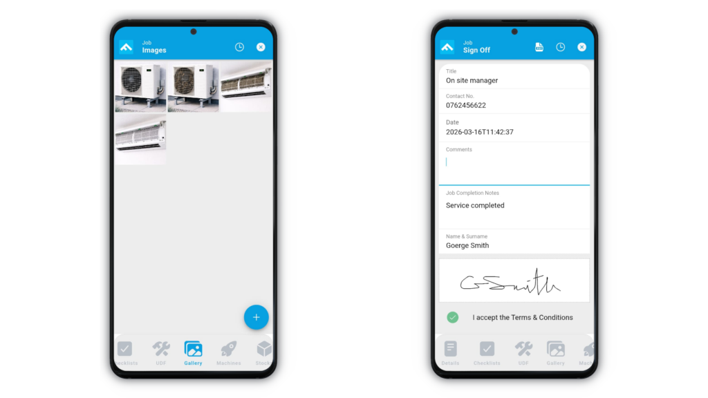 JobApp-Image&Signoff Mobile job app screens showing job image uploads and digital sign-off with notes, customer details, and signature capture.