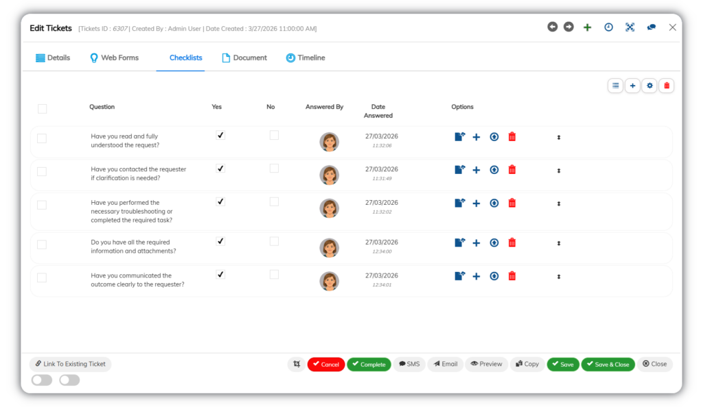Fusion Software help desk ticket checklist ensuring task completion, response quality, and accountability for IT support requests.