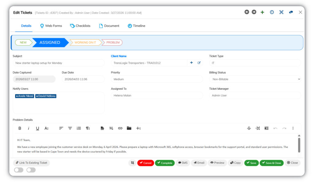 Fusion Software help desk ticket details screen showing assignment, priority, due dates, and full request information for managing IT support tickets.