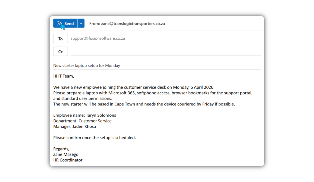 Fusion Software help desk email-to-ticket feature automatically converts incoming support emails into tracked service tickets.