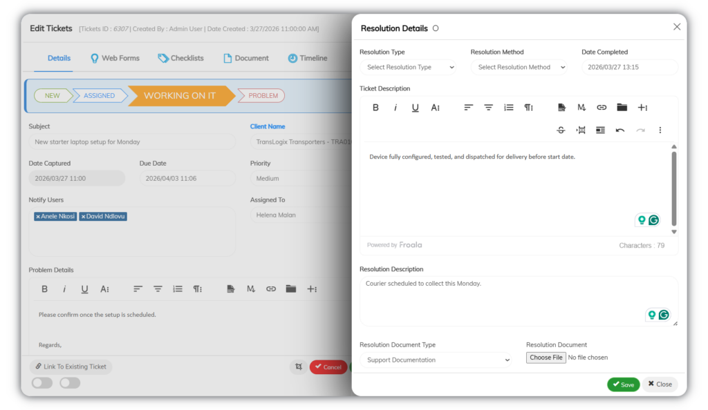 Fusion Software help desk ticket resolution screen capturing resolution details, methods, and completion notes for audit tracking and accountability.