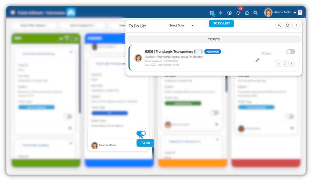 Fusion Software help desk to-do list showing assigned support tickets, priorities, and due dates for task tracking and team accountability.