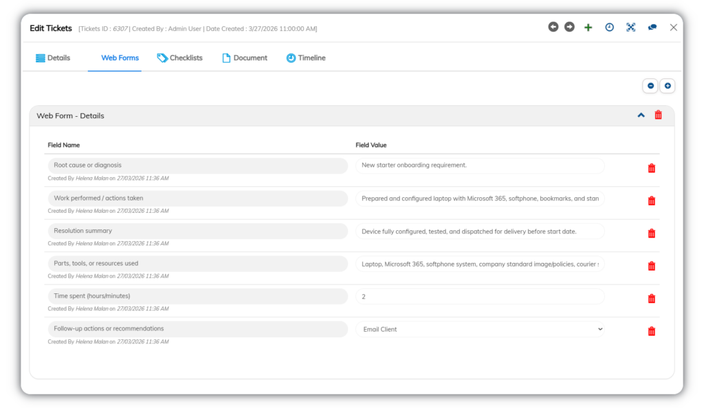 Fusion Software help desk web form capturing ticket resolution details, work performed, time spent, and follow-up actions for audit and accountability.