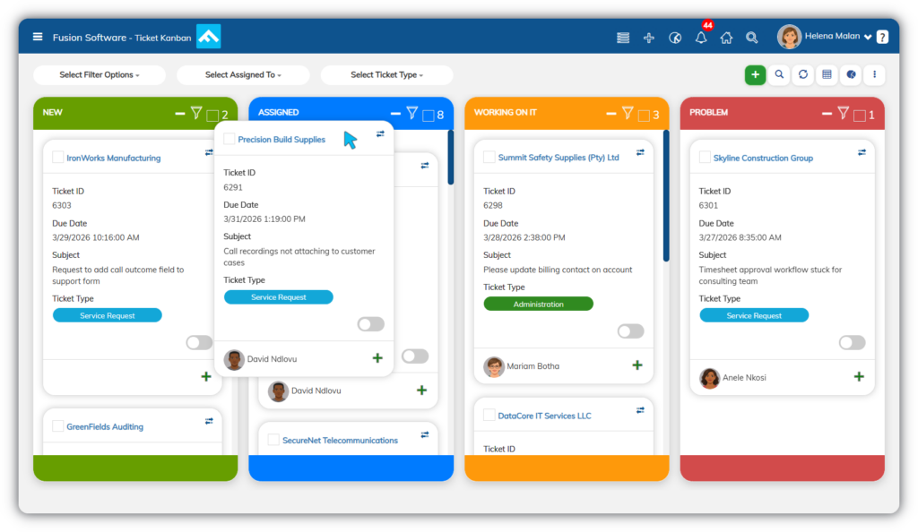 Support ticket kanban board displaying service requests by status (new, assigned, in progress, problem) to manage workflows and track team accountability.