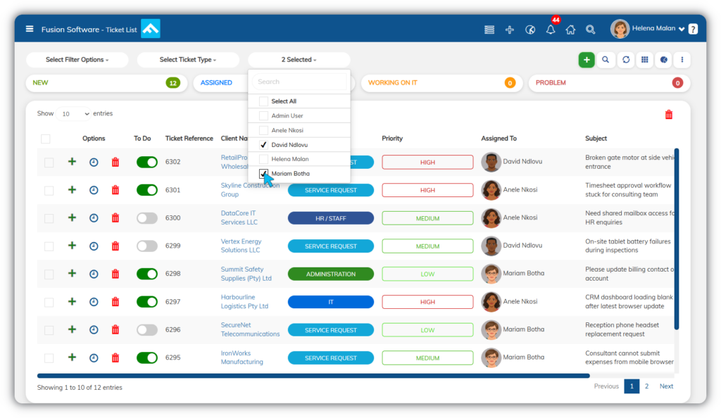 Support ticket list with priority levels, assigned technicians, and filtering options to manage service requests and track team workload.