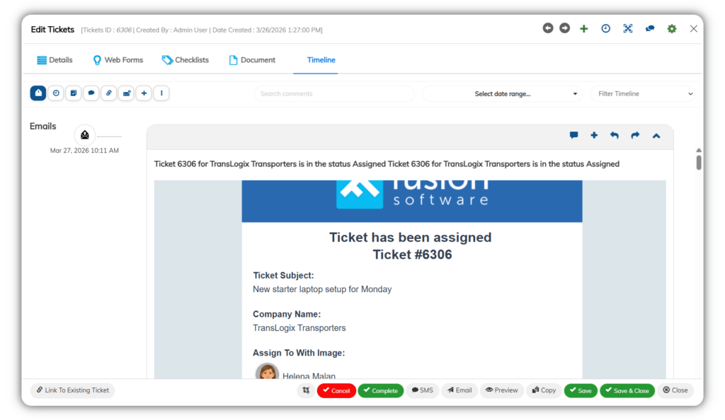 Support ticket timeline view displaying automated email notification confirming ticket assignment, including ticket details, company, and assigned staff member.