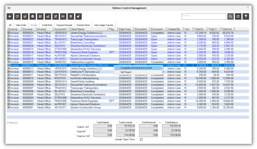 Debtors control management screen showing customer invoices, payment status, VAT totals, balances, and bulk invoice completion options.