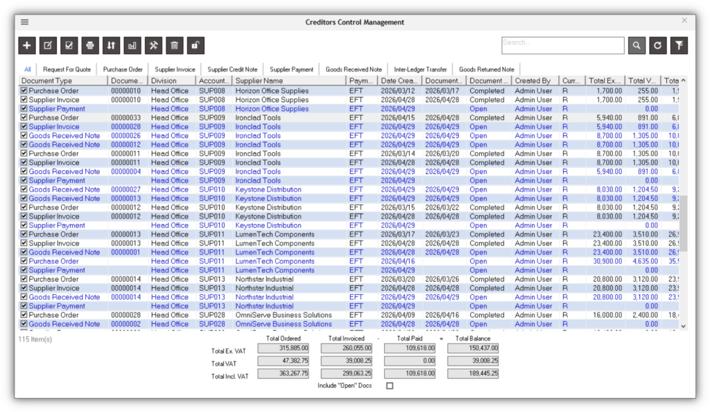 Creditors control management dashboard displaying purchase orders, supplier invoices, goods received notes, supplier payments, VAT totals, and outstanding balances.