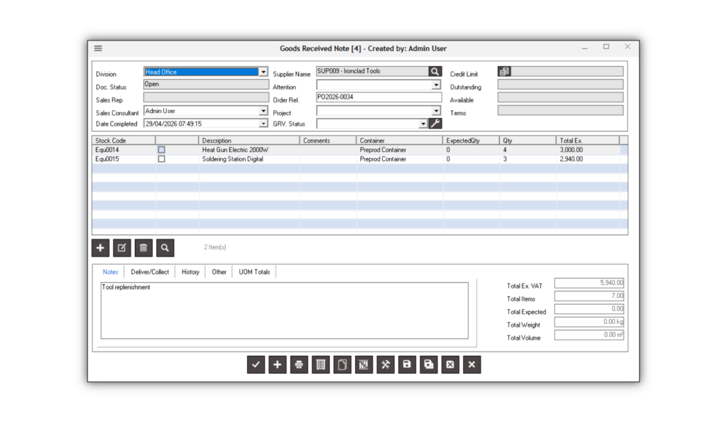 Goods received note screen displaying supplier details, received inventory items, quantities, container information, and stock receipt totals for purchase order processing.