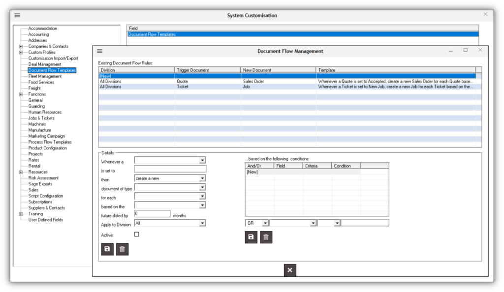 Document flow management screen for configuring automated workflow rules between accounting documents, including quotes, sales orders, tickets, and jobs.