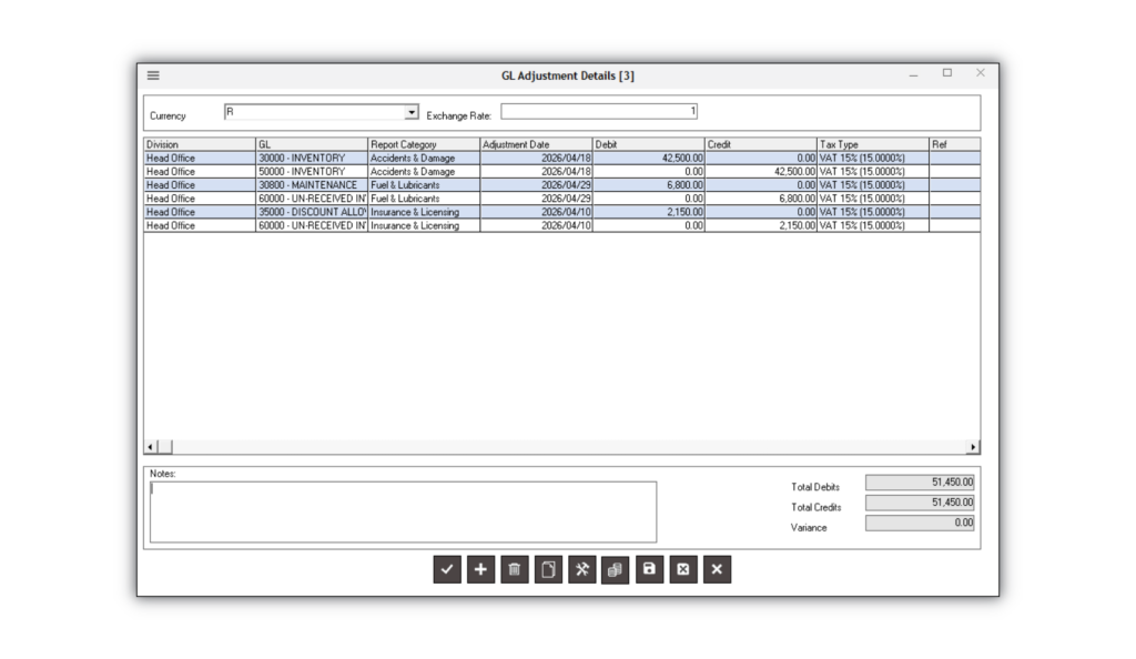 General ledger adjustment screen displaying debit and credit journal entries, VAT allocations, adjustment categories, and balanced accounting totals.