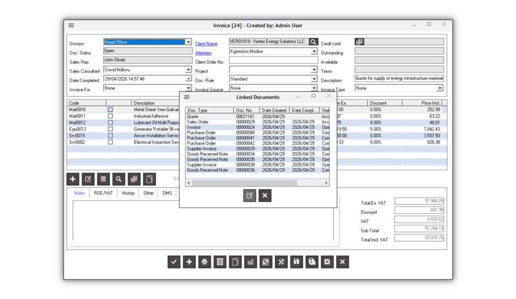 Invoice management screen displaying customer billing details, invoiced items, VAT totals, and linked accounting documents including quotes, sales orders, purchase orders, and supplier invoices.