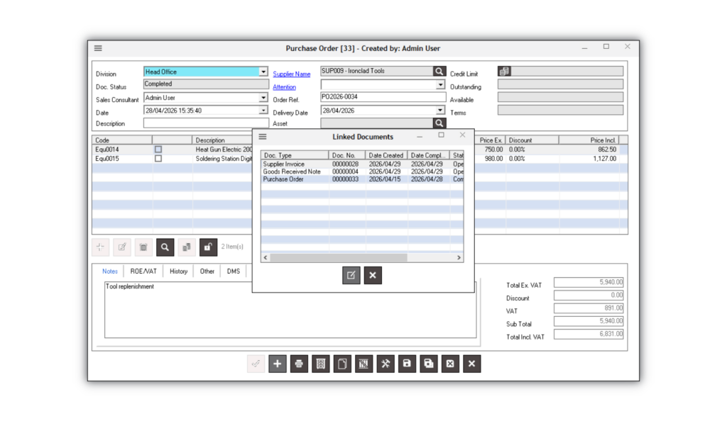 Purchase order screen displaying supplier details, ordered inventory items, VAT totals, and linked procurement documents including supplier invoices and goods received notes.