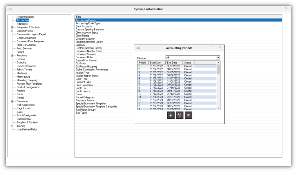 Accounting system customisation screen for managing accounting periods, including financial period dates, statuses, divisions, and ledger configuration settings.