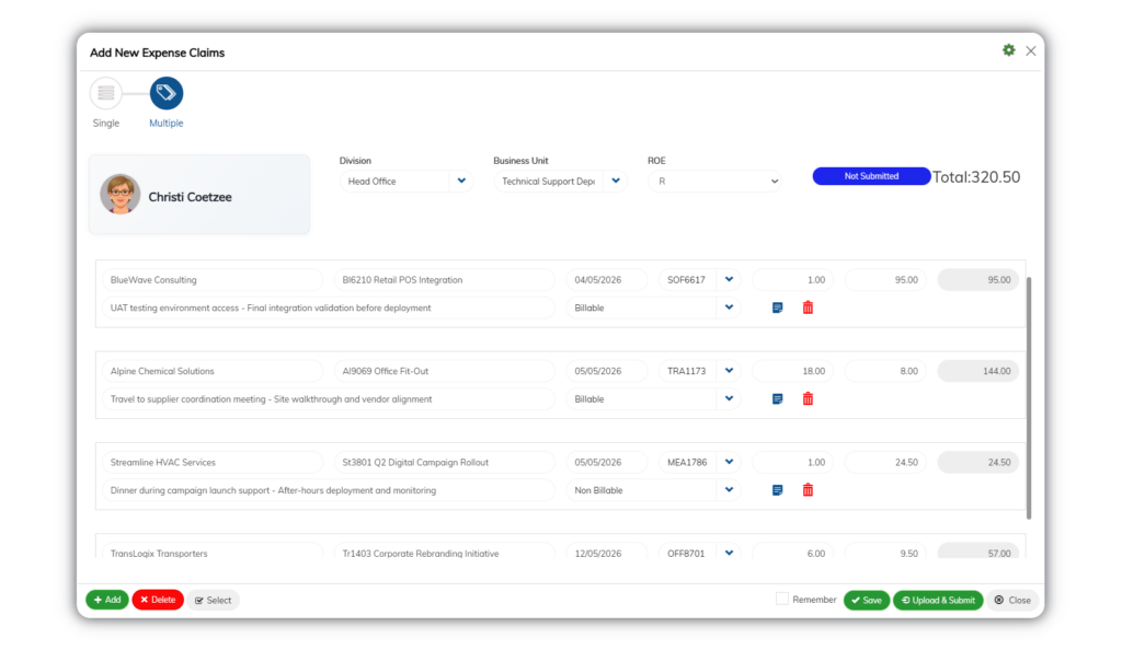 Multiple expense claim entry interface allowing employees to submit bulk expense claims with project allocation, billing status, claim descriptions, quantities, pricing, and document attachments.