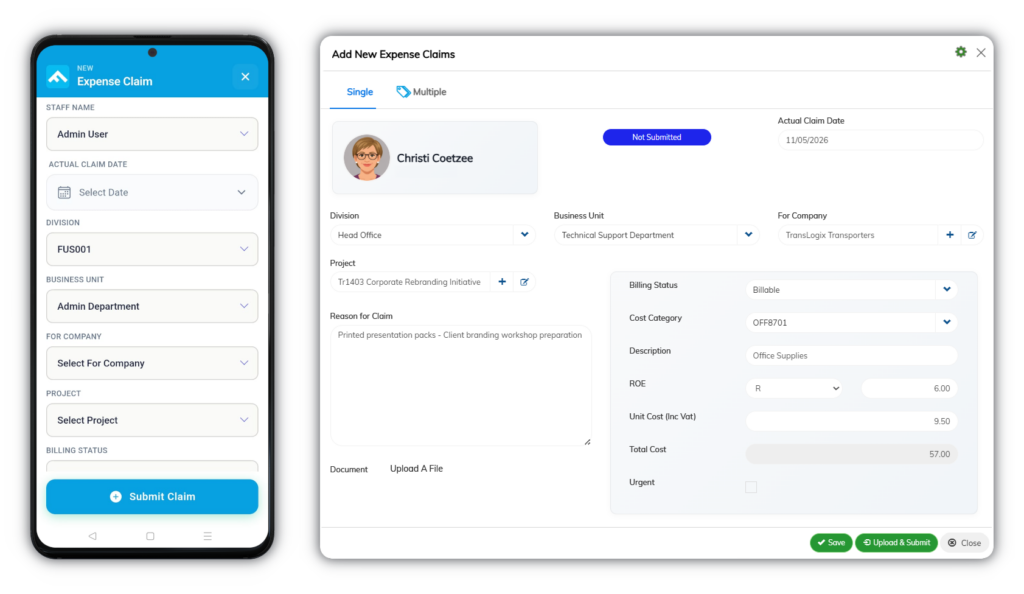 Employee expense claim submission interface with desktop and mobile forms for capturing claim details, billing information, project allocation, supporting documents, and expense approval workflows.