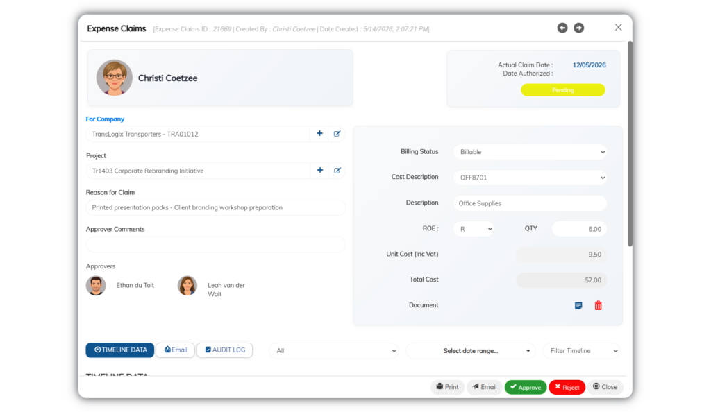 Employee expense claim details interface showing claimant information, billing status, project allocation, approver assignments, claim costs, document attachments, and approval actions.