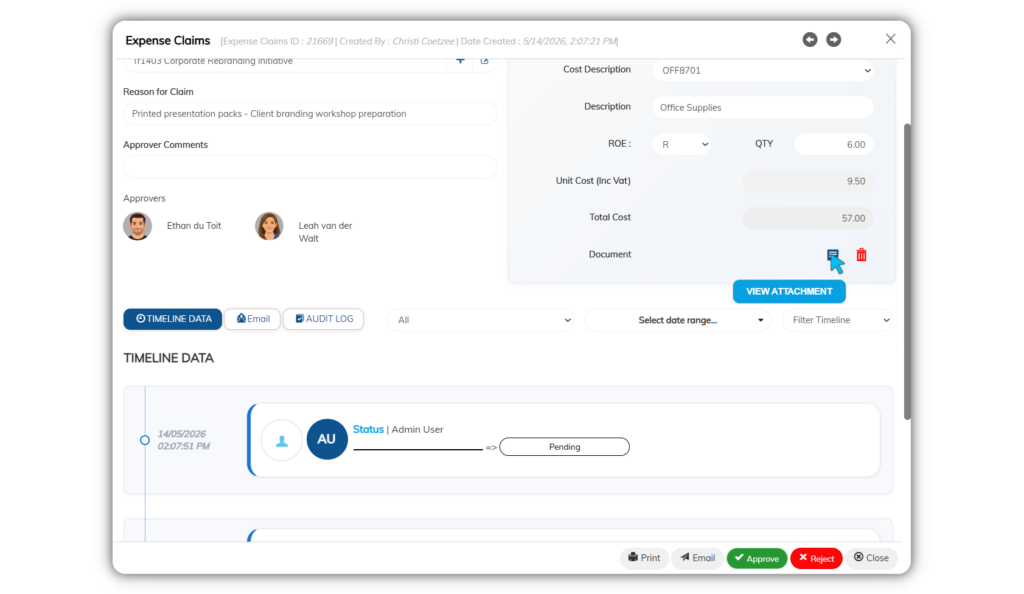 Expense claim details screen displaying claim information, approver workflow, attached receipt document access, approval actions, and timeline tracking and auditing for employee expense submissions.