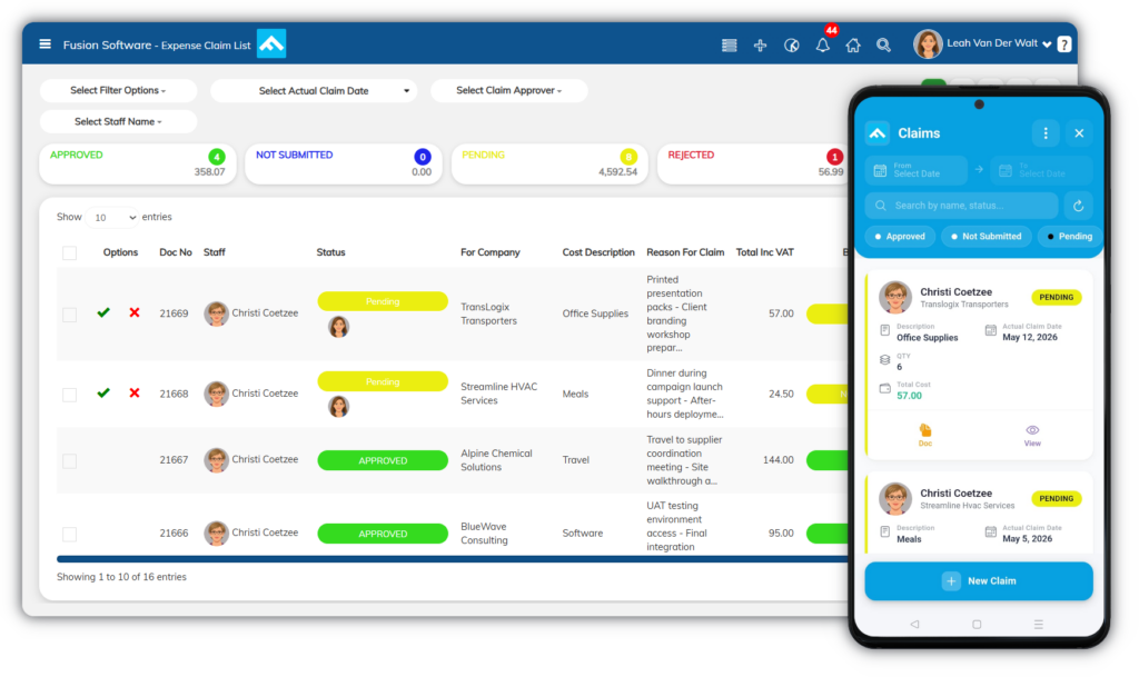 Expense claim management dashboard with responsive mobile app interface showing employee expense claims, approval statuses, billing categories, claim totals, and mobile claim tracking features.