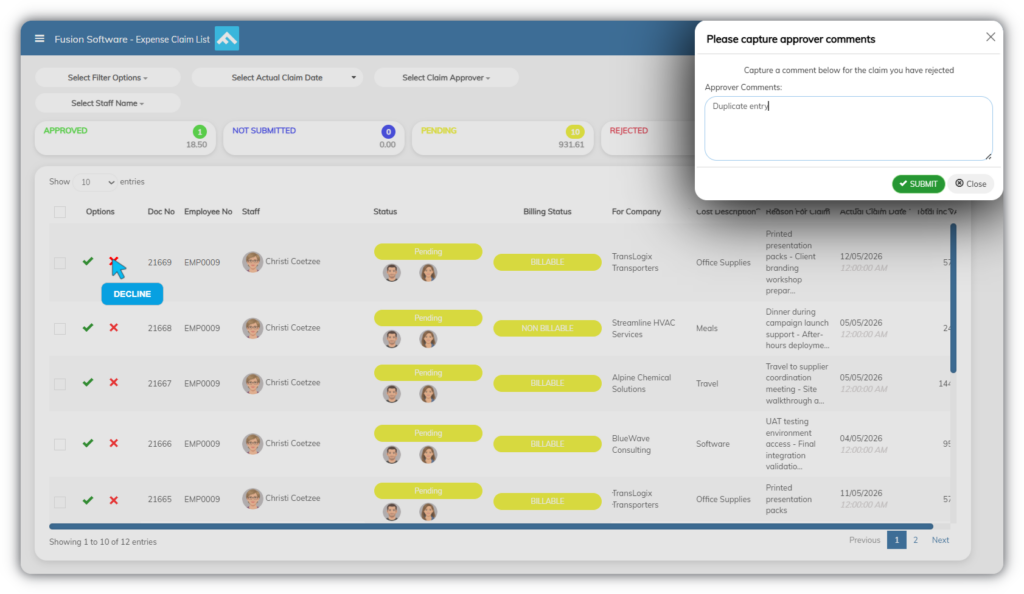 Expense claim approval screen showing pending employee expense submissions, billing status, approval workflow, and rejection comment capture for declined claims.
