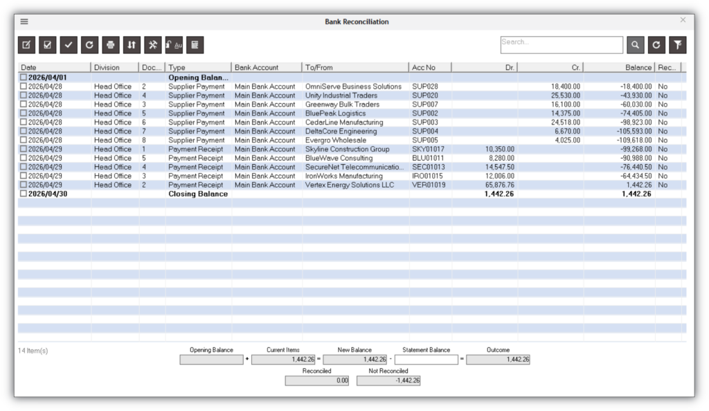 Bank reconciliation screen displaying supplier payments, customer receipts, account balances, reconciled transactions, and cashbook reconciliation totals.
