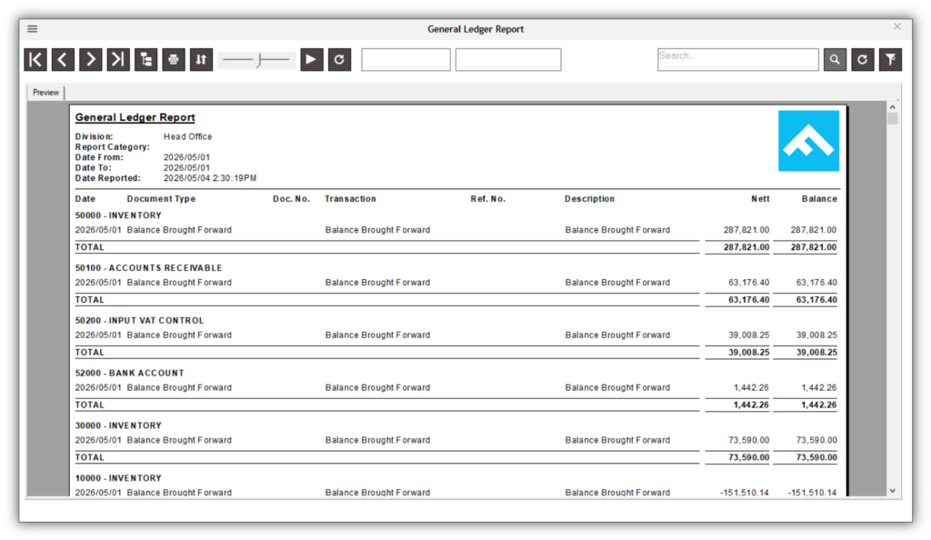 General ledger report displaying account balances, transaction history, document references, ledger categories, and financial totals by account.