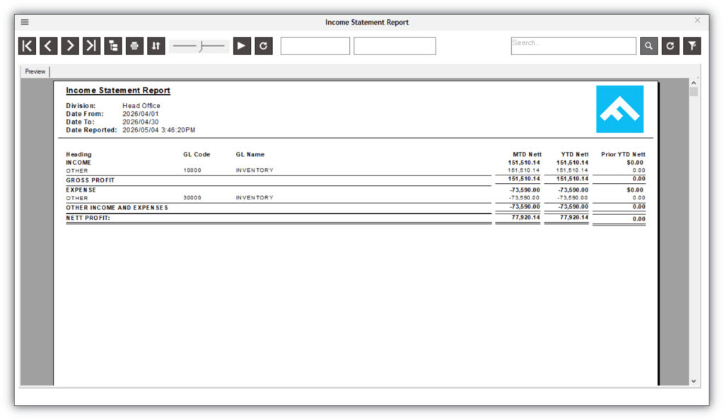 Income statement report displaying revenue, expenses, gross profit, and net profit with month-to-date and year-to-date financial totals.